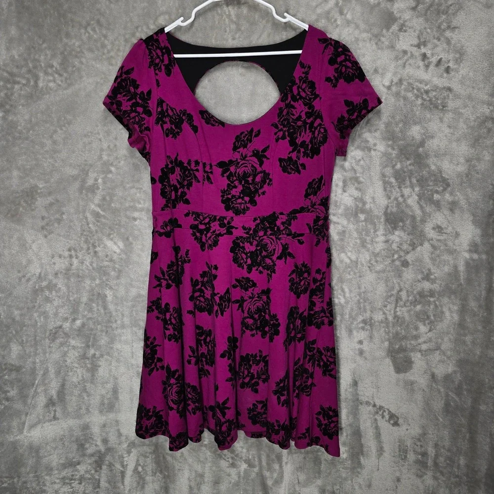 City Chic Women Dress M Purple Blk Velvet Floral Whimsigoth Dark Fairy Stretchy